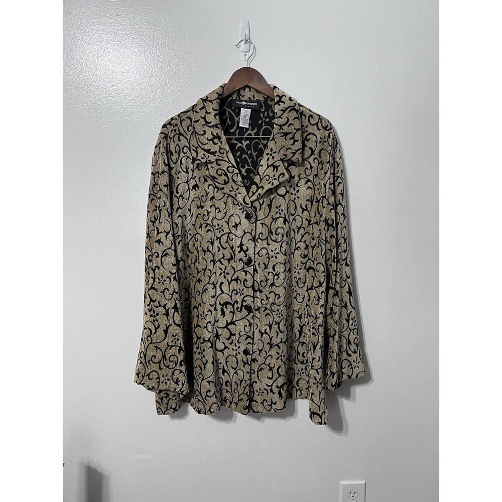 VTG Tapestry Buttoned Art Wear Lagenlook Long Jacket Gold & Black 24W Boho‎
